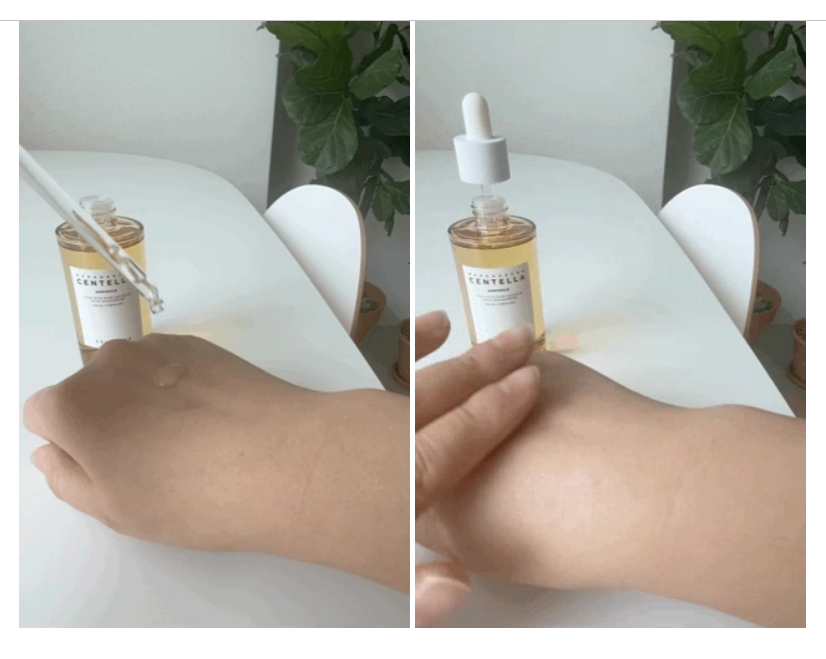 Extract of a Naver blog, where the writer shows the effect of the product on the skin through two small videos.